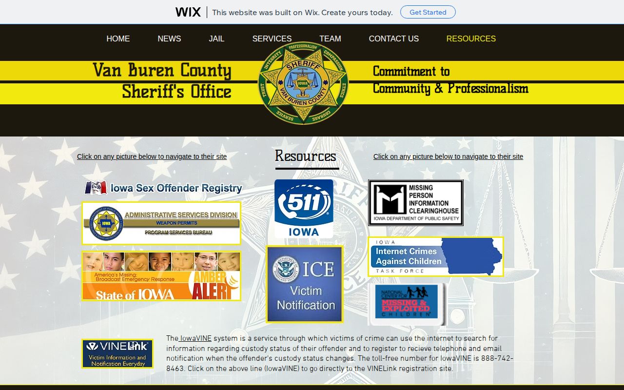 Van Buren County Sheriff resources page linking residents to IowaVINE