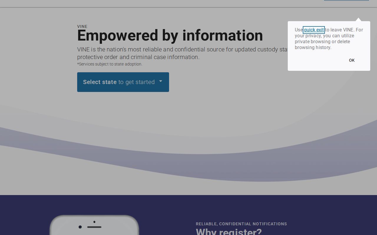 VINELink state-selection interface used to choose Iowa custody records