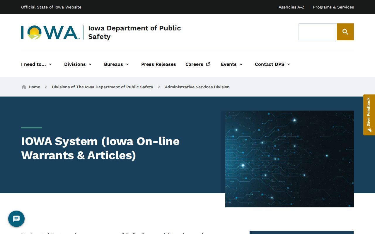 Iowa DPS page describing the restricted IOWA law enforcement system