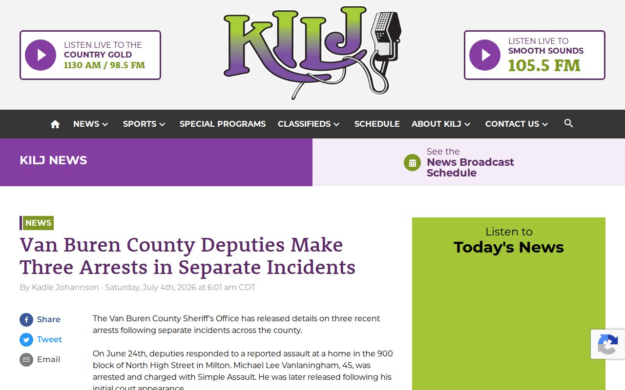 Captured KILJ report about separate Van Buren County arrests including a Milton incident