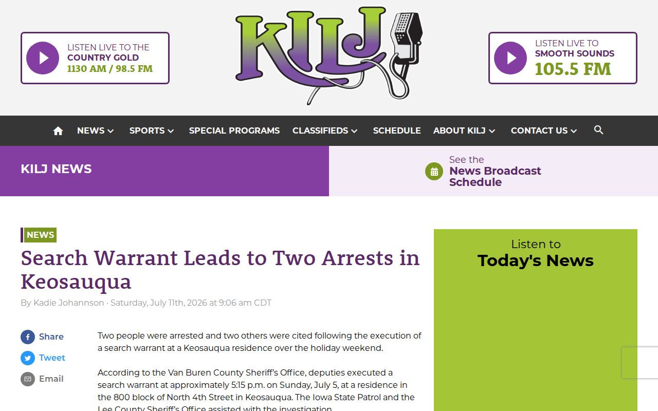 Captured KILJ article about a Keosauqua search warrant and reported arrests