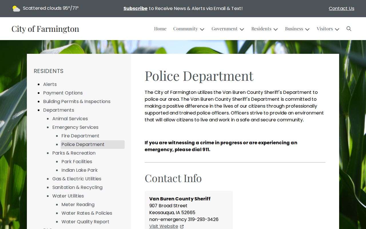 Captured official Farmington police page directing residents to the Van Buren County Sheriff